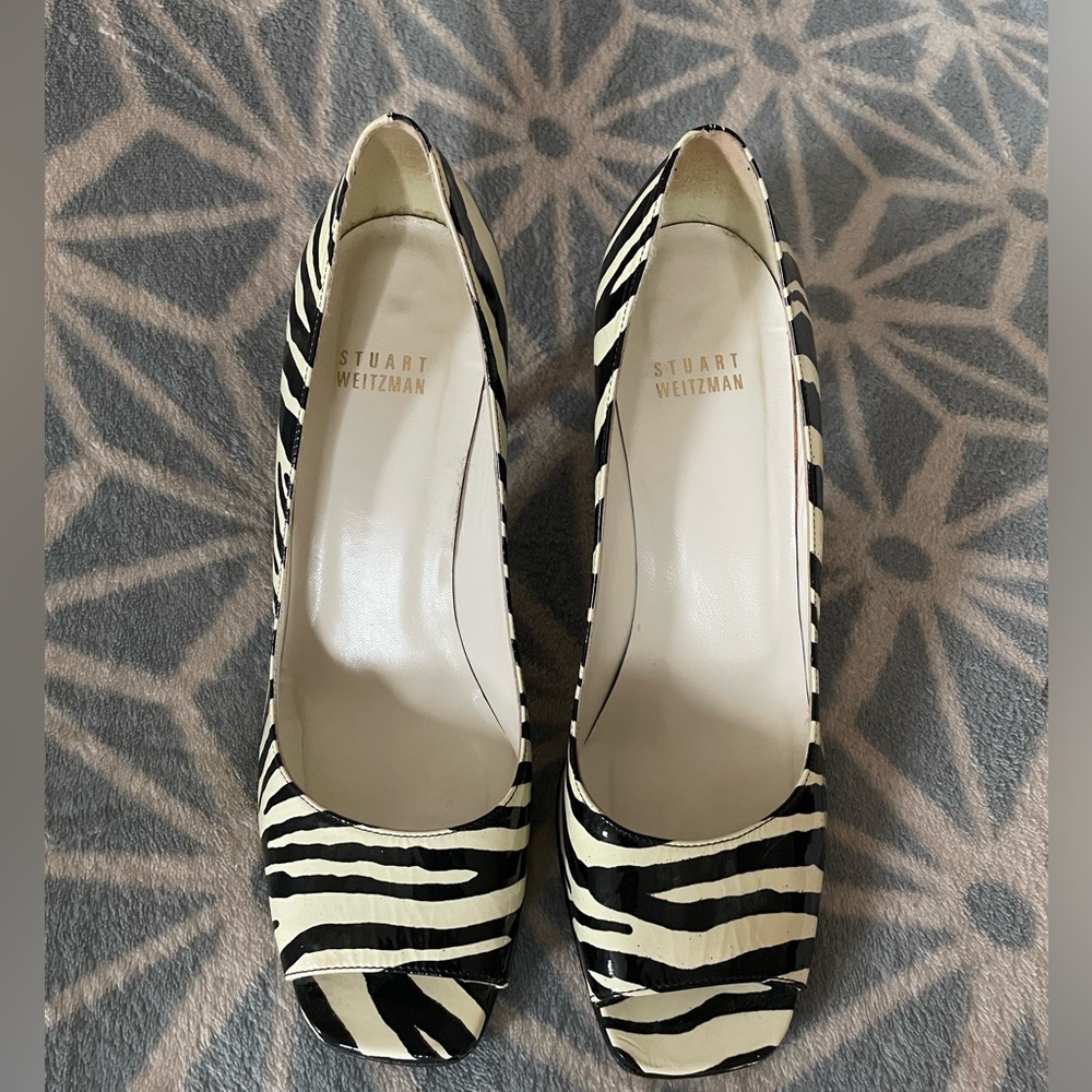 Authentic Stuart Weitzman Zebra Print Open-Toe Heels